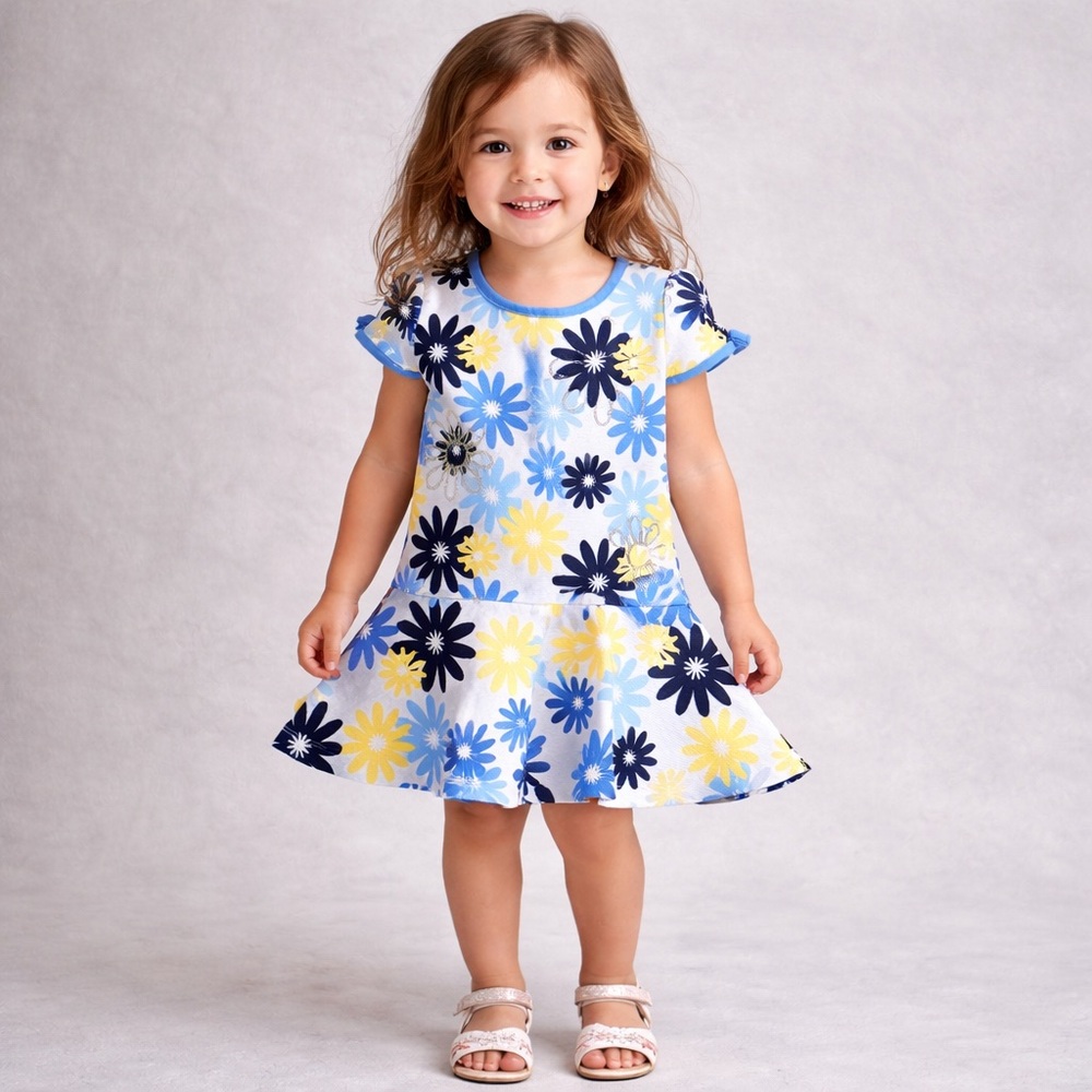 Girls Blue Floral Skater Dress Size 4 Toddler Sequin Flower Like New